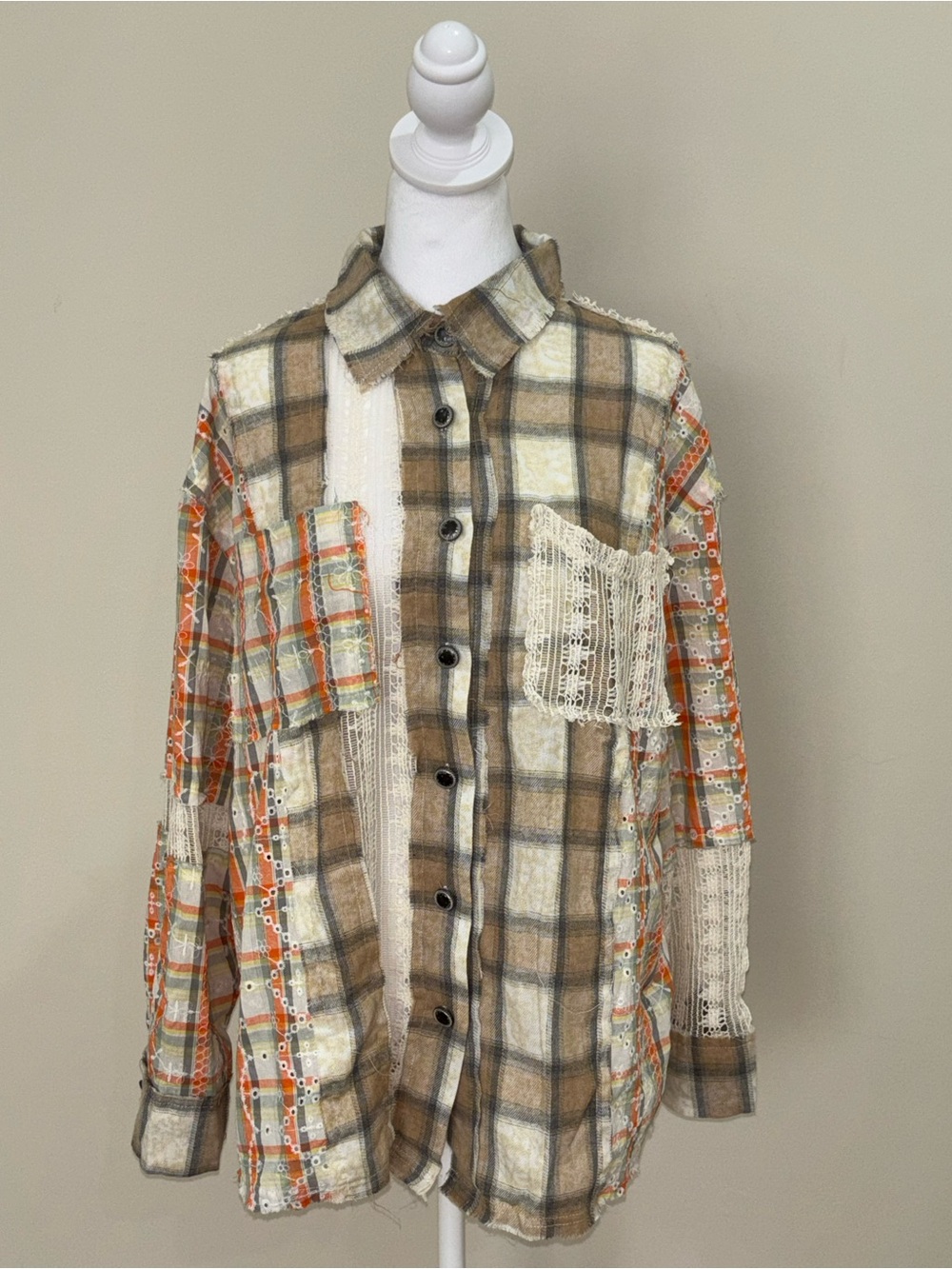 POL Distressed Patchwork Plaid Button-Down Shirt - Brown, Cream & Orange